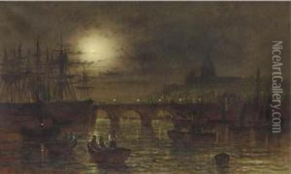 St. Paul's From The Thames By Moonlight Oil Painting - Wilfred Jenkins