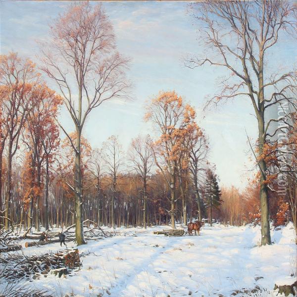 Winter Day In A Forest With Lumberjacks Oil Painting - Sigvard Hansen