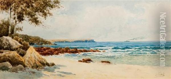 Costal View With Ship On The Horizon Oil Painting - Henri Tebbitt