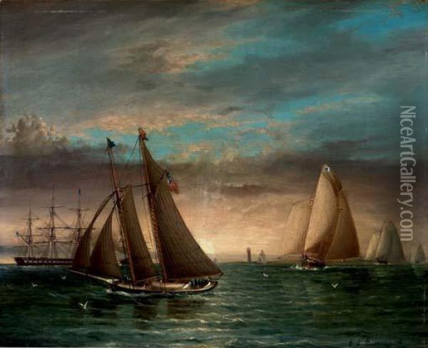 A Schooner And Other Yachts Racing Downwind At Sunset Oil Painting - James E. Buttersworth