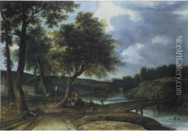 A River Landscape With Travellers On A Track And Anglers On A Bridge Oil Painting - Roelandt Roghman