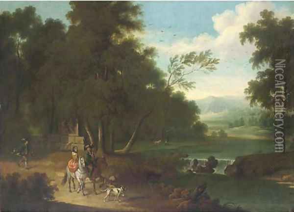 An extensive wooded river landscape with a hawking party on a track Oil Painting - Joris van der Haagen or Hagen