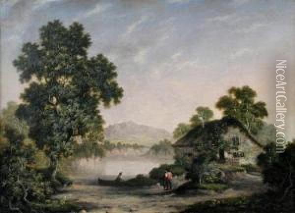 Cottage In A Landscape With Fishermen By A Lake Oil Painting - Robert, Reverend Woodley-Brown