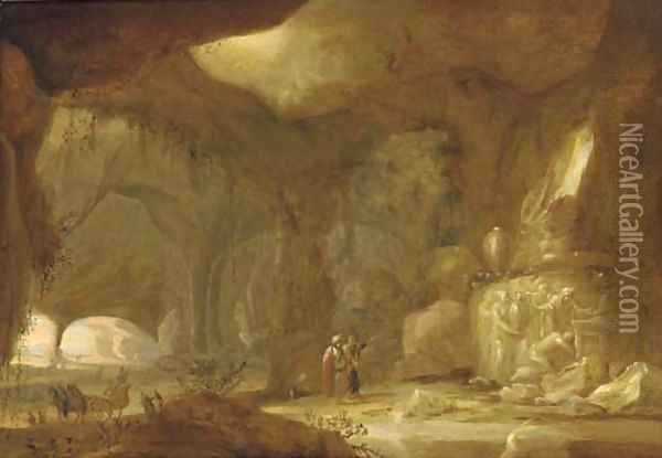 A natural grotto with figures approaching a shrine Oil Painting - Rombout Van Troyen