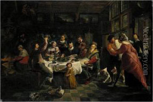 Interior With A Family Feasting And Dancing Oil Painting - Willem Van Herp