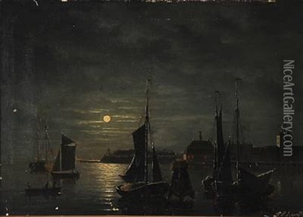 View From Copenhagen Harbour At Night Time Oil Painting - Christian Frederic Eckardt