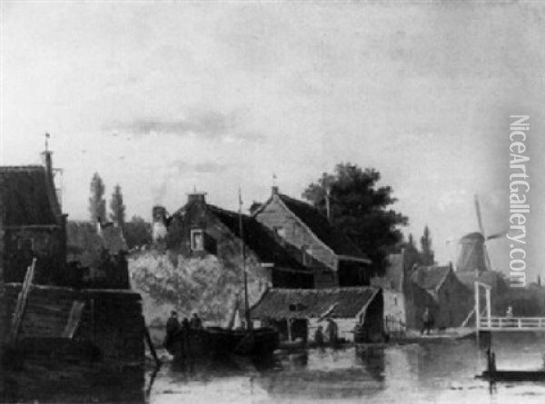 Niederlandisches Dorf Am Wasser Mit Brucke Und Windmuhle Oil Painting - Jacques Francois Carabain