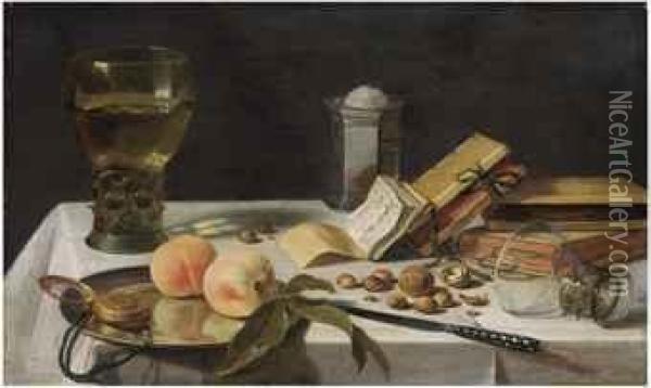 Two Peaches, A Watch, A Roemer Filled With Wine, A Salt Cellar,books And Chestnuts On A Draped Table Oil Painting - Pieter Claesz.