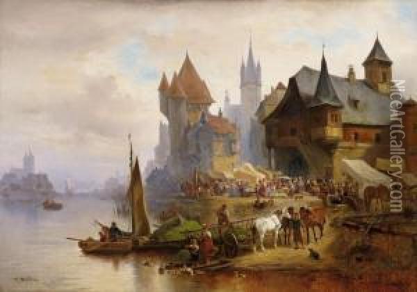 Mittelalterliche Stadt Aneinem Fluss Oil Painting - Hermann Meyerheim