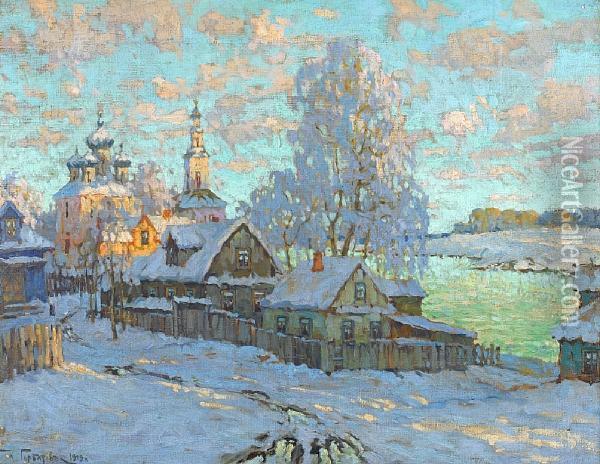 A Snow-covered Village In The Sun Oil Painting - Konstantin Ivanovich Gorbatov