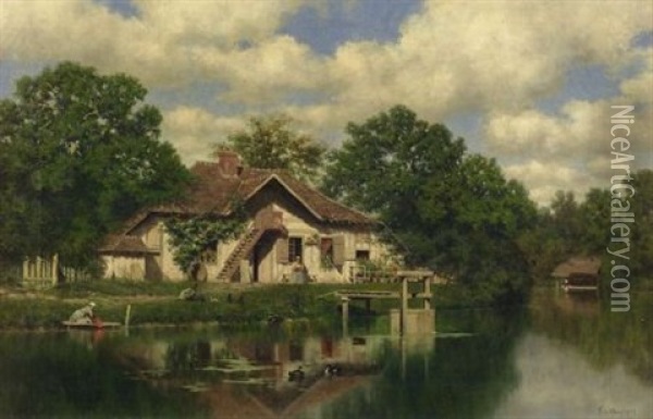Laundry Day - A Cottage On The River Oil Painting - Claude Francois Auguste Mesgrigny