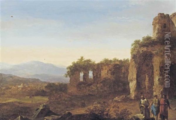 An Italianate Landscape With With Figures Conversing Amongst Ancient Ruins, A Fortified City And Mountains Beyond Oil Painting - Cornelis Van Poelenburgh