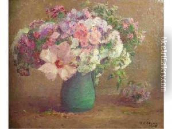 Floral Still Life In Blue-green Vase Oil Painting - Theodore Clement Steele