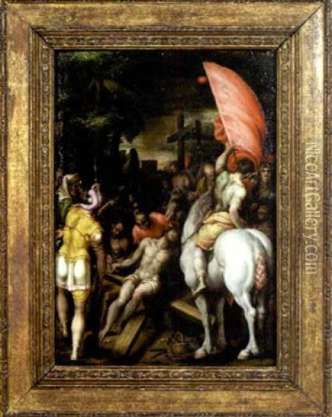 The Raising Of The Cross Oil Painting - Jacopo Bertoia