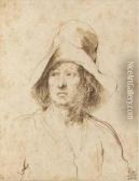 A Man In A Hat Looking To The Left, Bust-length Oil Painting - Guercino