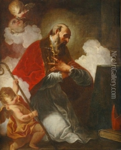 A Bishop Saint, Saint Augustine Of Hippo (?) Oil Painting - Giovanni Battista Vicentino Pittoni the Elder
