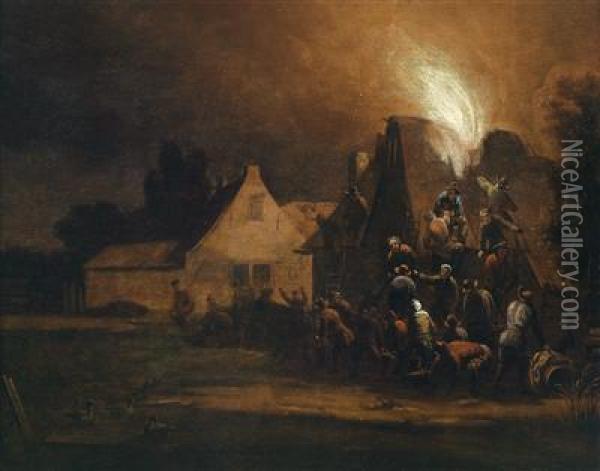 A House On Fire In A City By Night Oil Painting - Egbert van der Poel