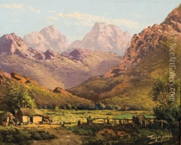 Farm Landscape In The Mountains Oil Painting - Tinus de Jongh