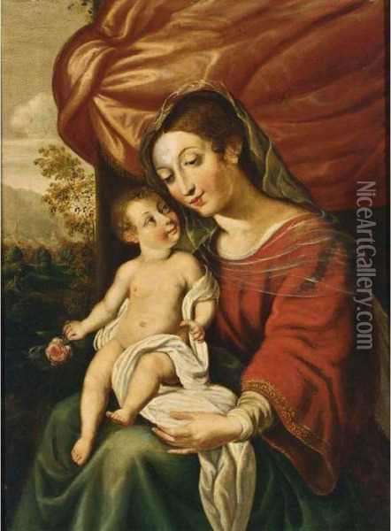 Madonna And Child Before A Curtain, A Landscape Beyond Oil Painting - Jan Sanders Van Hemessen