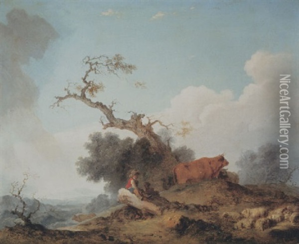 A Shepherd Seated On A Rock In A Landscape Oil Painting - Jean-Honore Fragonard