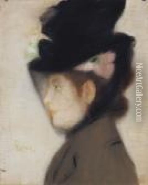 Parisian Woman In A Veil-hat , 1890s Oil Painting - Jozsef Rippl-Ronai