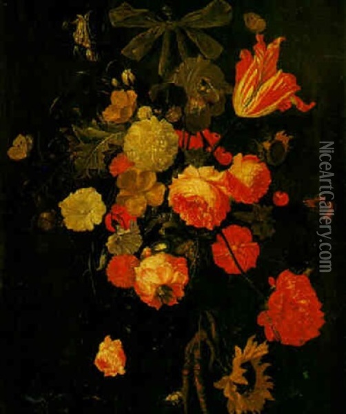 Still Life Of A Bunch Of Flowers Before Of An Alcove Oil Painting - Cornelis De Heem