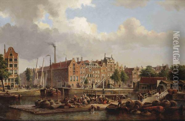 Numerous Figures On A Quay Near The Geldersekade, Amsterdam Oil Painting - Johann Jakob Anton Hilverdink