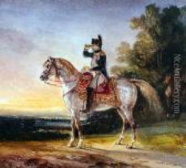 Napoleon A Cheval Surplombant Un Champs De Bataille Oil Painting - Nicolas Toussaint Charlet