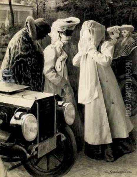 La Vie Mondaine En Auto, Vers 1905 Oil Painting - Louis Remy Sabattier