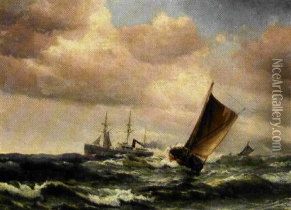 Marine Med Fiskerbade Og Dansk Dampskib I Hoj So Oil Painting - Vilhelm Victor Bille