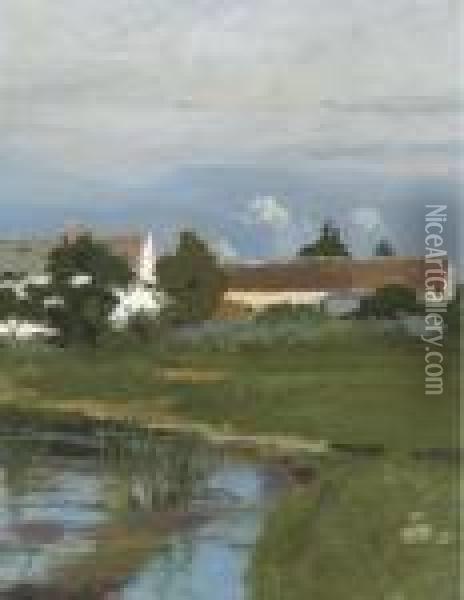 Landscape With A White House Behind Trees Oil Painting - John Francis Murphy