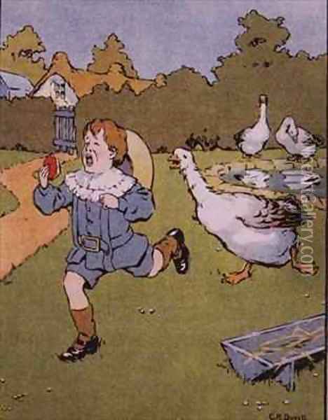 The Gander chases teasing Georgie Oil Painting - Charles R. Dowell