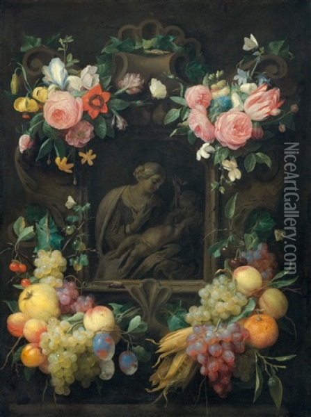 Stone Cartouche With A Depiction Of The Madonna And Child And John The Baptist Surrounded By Bouquets Of Flowers And Fruits Oil Painting - Joris Van Son