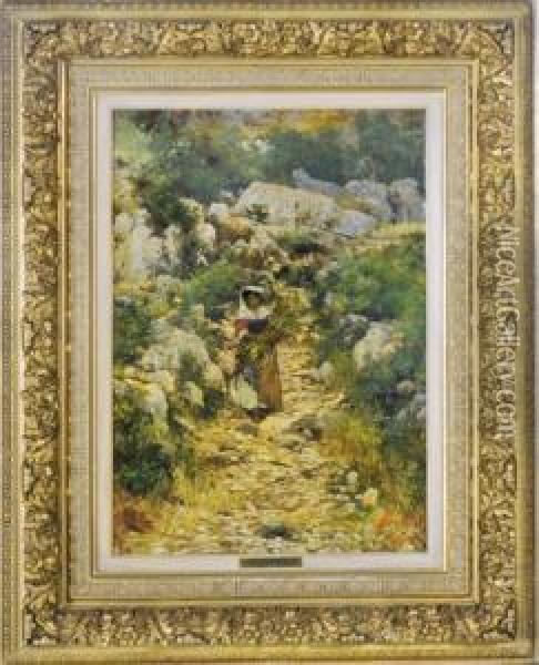 A Peasant Girl On A Rocky Path Oil Painting - Augusto Corelli