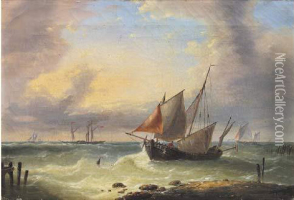 Marine Met Zeilboten En Stoomschip Oil Painting - Louis Verboeckhoven