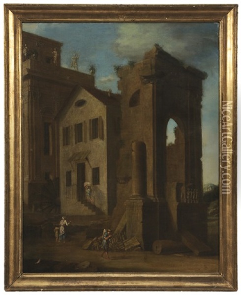 Townscape With Villagers Oil Painting - Leonardo Coccorante