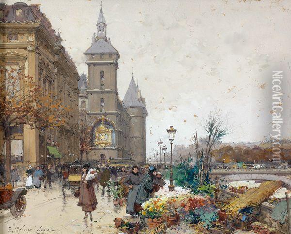 Marche Aux Fleurs Et La Conciergerie Oil Painting - Eugene Galien-Laloue