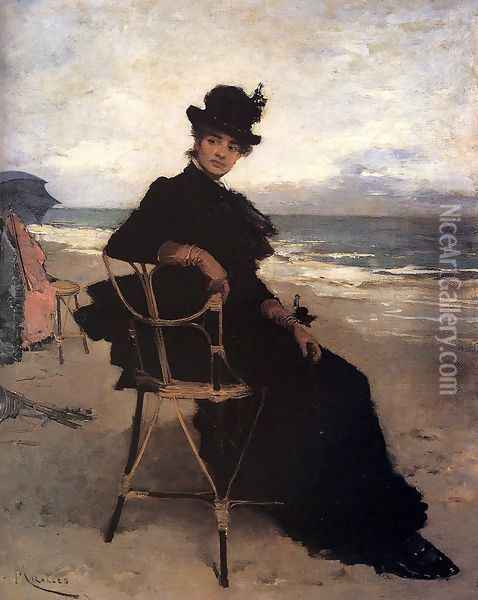 A Lady Seated On A Veranda Oil Painting - Francisco Miralles Galup