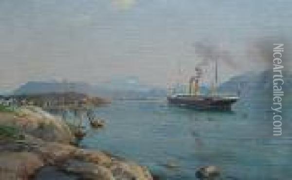 Norwegian Fjord With A British Ship Oil Painting - Even Ulving