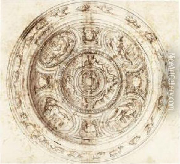 Design For A Basin With River Gods In Oval Compartments Oil Painting - Jacopo Strada