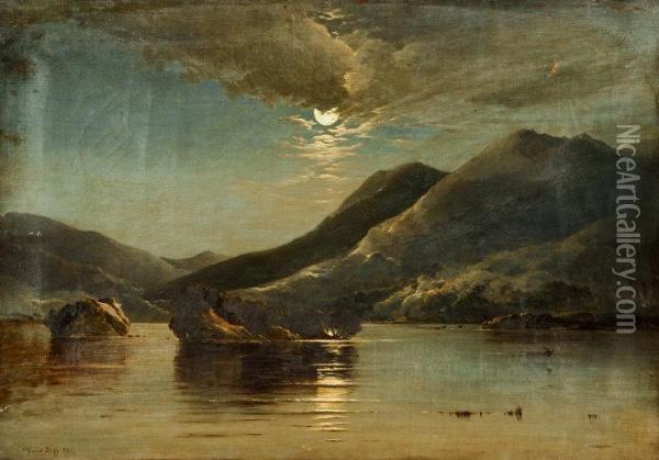 A Moonlit Lough And Mountain Landscape Oil Painting - Patrick Vincent Duffy