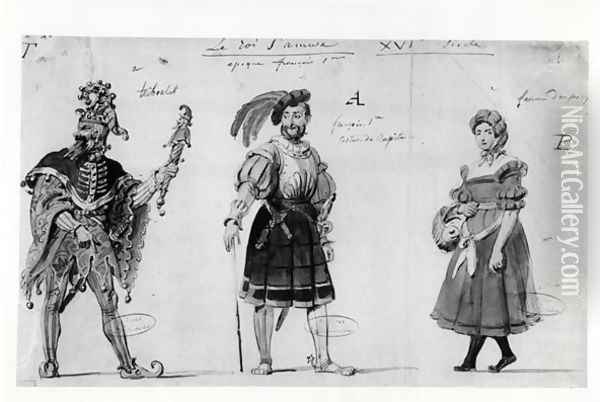 Costume designs for 'Le Roi s'amuse' Oil Painting - Auguste de Chatillon