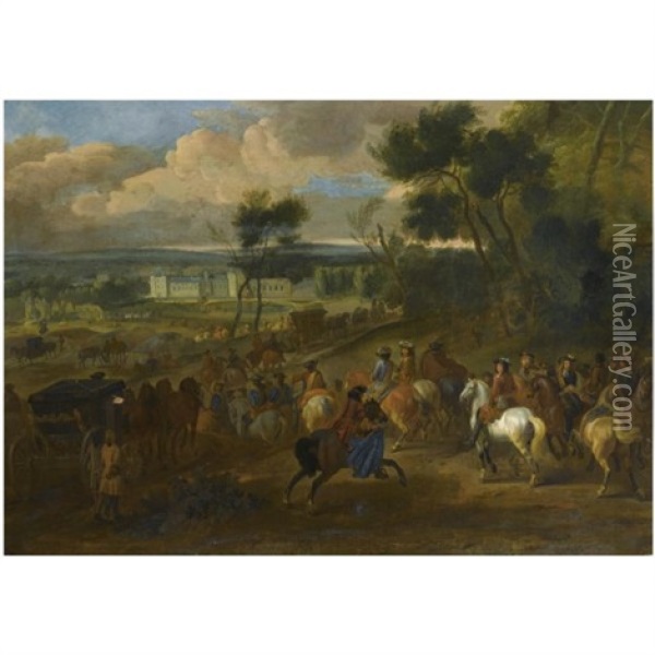 An Extensive Wooded Landscape With King Louis Xiv And His Company Returning From The Hunt, A View Of The Palace Of Versailles Beyond Oil Painting - Dirk Maes