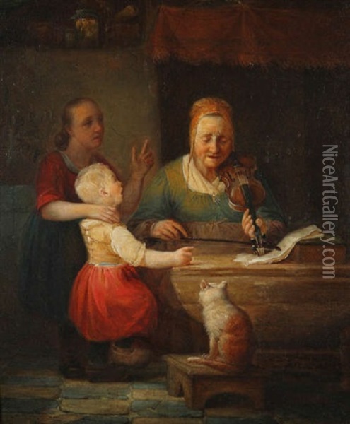 Vieille Violoniste, Enfants Chantant Et Chat Oil Painting - Joseph Dens