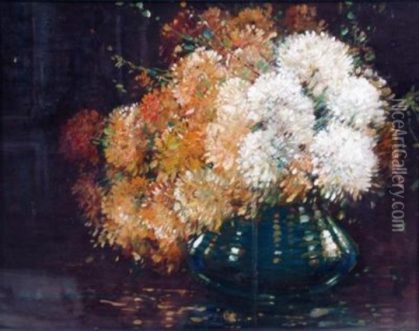 Still Life With Chrysanthemums In A Clear Glass Bowl Oil Painting - Kershaw Schofield