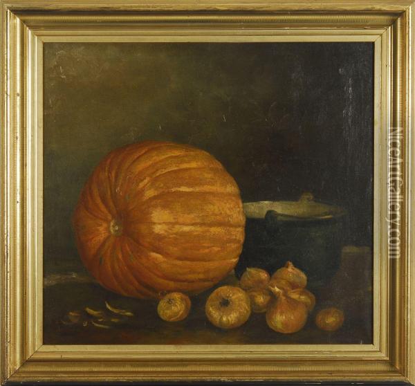 Still Life With Pumpkin, Onions And Cooking Pot Oil Painting - Albert F. King