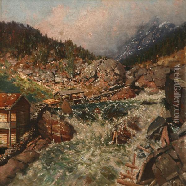 Norwegian Landscape With A Timber Plant At A River Oil Painting - Andreas Edvard Disen