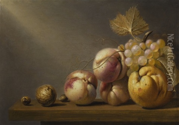A Still Life Of A Quince, Grapes, Peaches, A Walnut, And Hazelnuts On A Wooden Ledge Oil Painting - Harmen Steenwyck