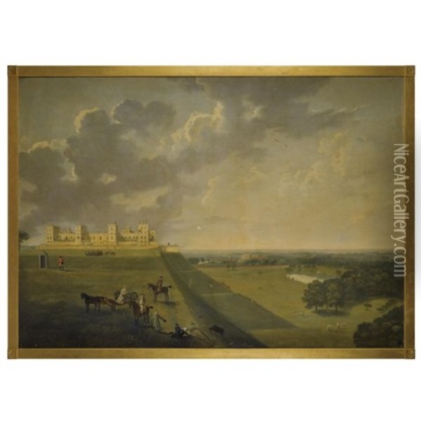 View Of Windsor Castle, The Earl And Countess Of Pomfret Introduced To The Artist In The Foreground Oil Painting - Herbert Pugh