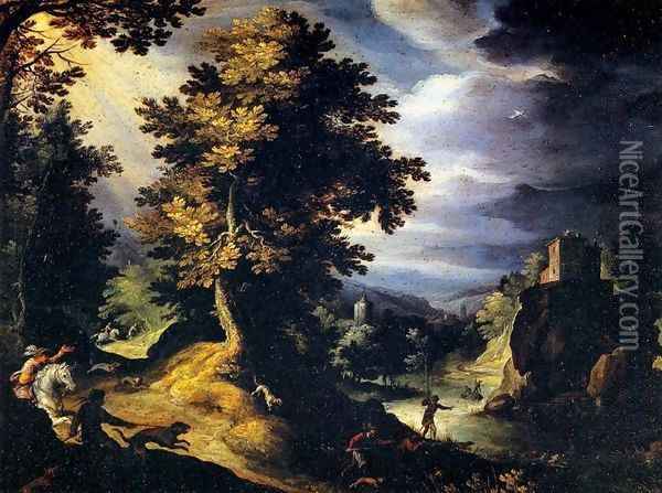 Landscape with Stag Hunt Oil Painting - Paul Bril